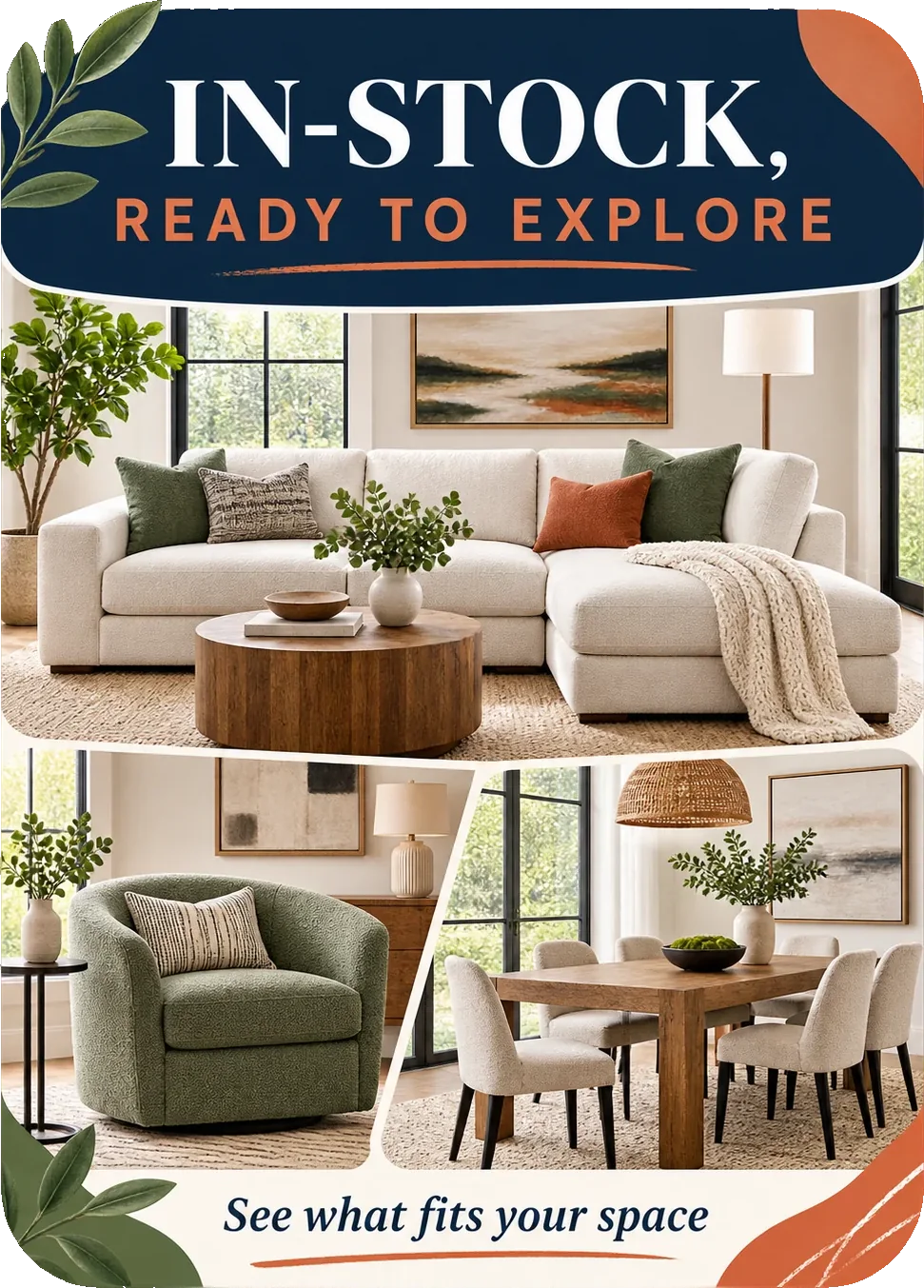 In-stock carousel: in-stock, ready to explore, a sectional under the window, an accent chair beside a lamp and a dining table laid for six, and see what fits your space beneath them.