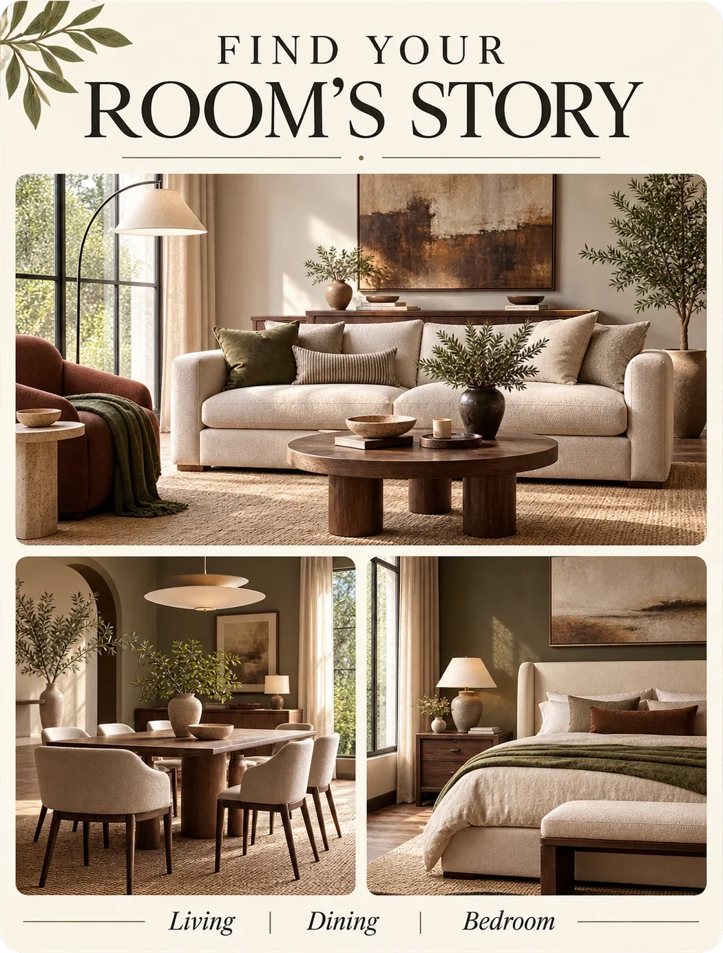 Room-collection lookbook sheet: find your room’s story, a living room above, with a dining room and a bedroom beneath it and living, dining and bedroom named across the foot.