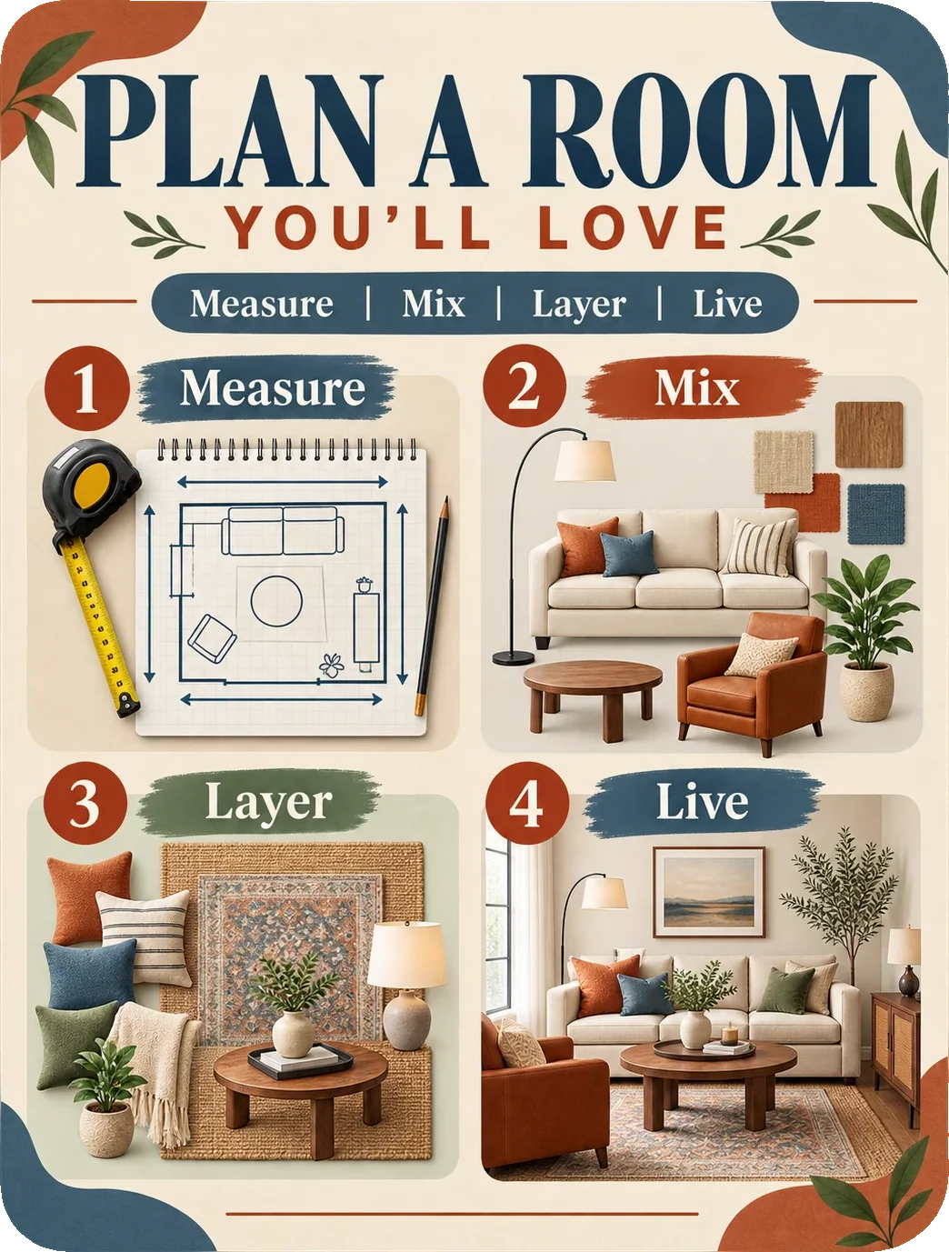 Room-planning guide: plan a room you’ll love, with measure, mix, layer and live as four numbered panels — a tape measure over a squared plan, a sofa beside its swatches, a rug layered under a table, and the finished room.