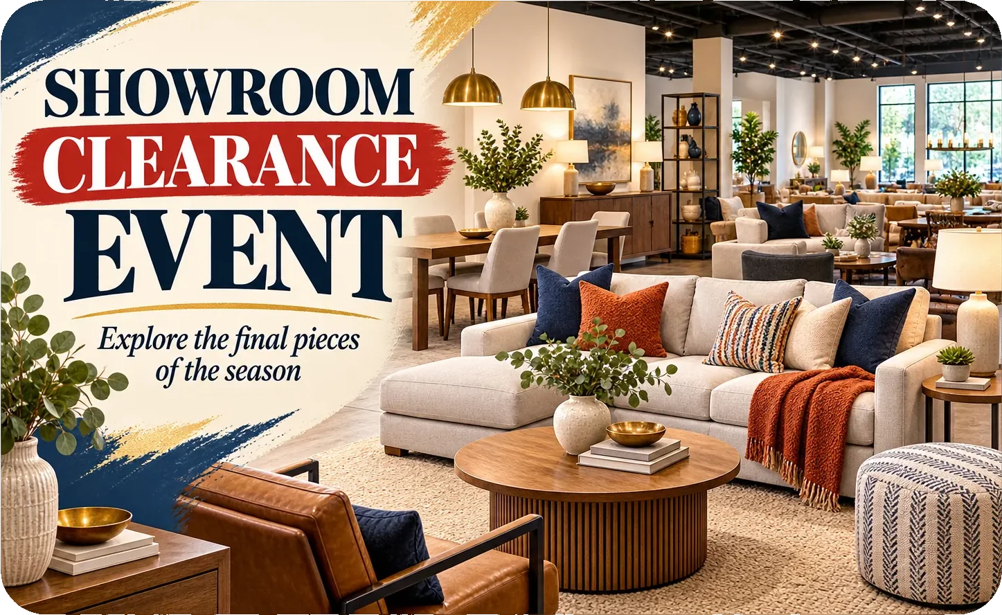 Neighborhood showroom clearance postcard: showroom clearance, explore the final pieces of the season, over the showroom floor with its sofas, dining sets and accent chairs laid out under the lights.