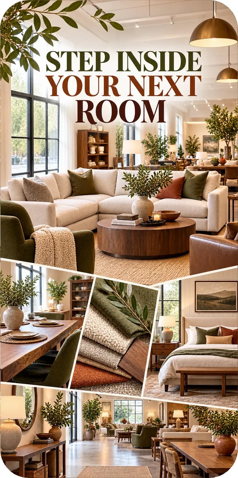 Showroom walkthrough Reel: step inside your next room, the floor opening out past the sofas to a table laid for dinner, a fan of upholstery swatches and a made bed.