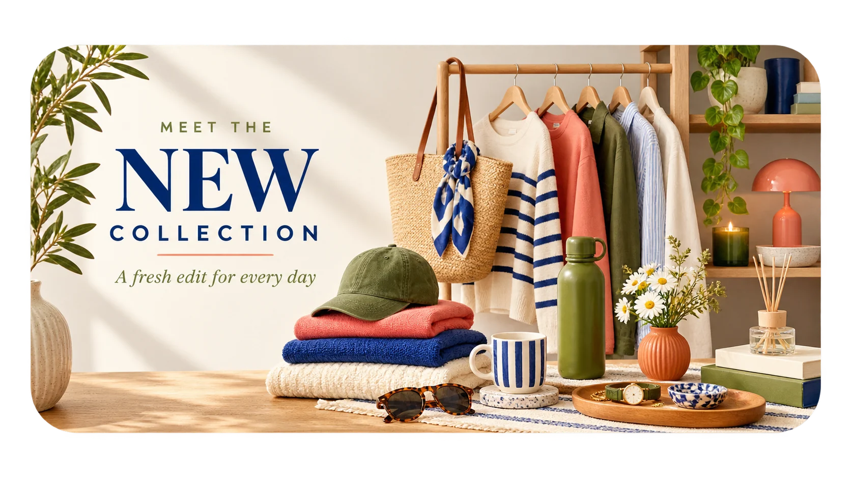 Collection landing page: meet the new collection, a fresh edit for every day, beside a rail of shirts and knitwear, a straw tote, folded sweaters, a cap, sunglasses and a table of homewares.