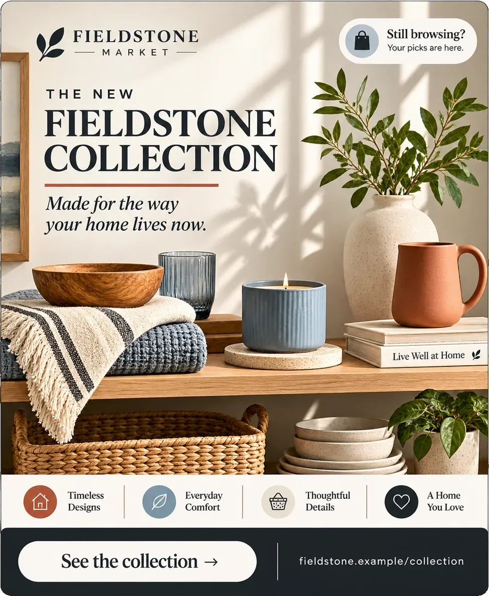 Collection feed unit: the new Fieldstone collection, made for the way your home lives now, with still browsing, your picks are here in the corner, four marked panels along the foot and see the collection beside the store’s web address.