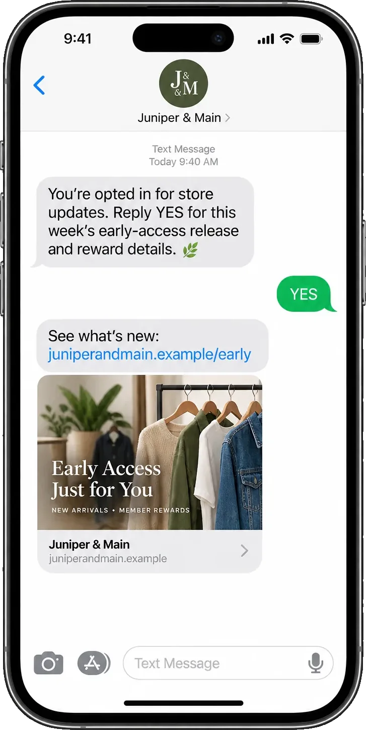 Opted-in thread: you’re opted in for store updates, reply YES for the early-access release and reward details, then the store’s early-access link with a rail of new arrivals under it.