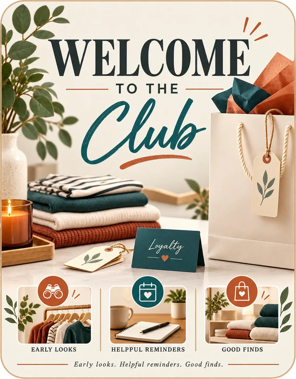 Welcome sheet: welcome to the club, a bag and a tied swing ticket beside a folded stack, with early looks, helpful reminders and good finds as three marked panels.