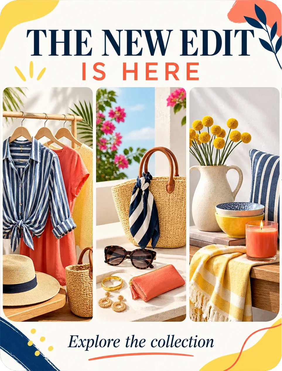 New-collection carousel: the new edit is here, three panels of the range — a rail of shirts, a bag and sunglasses on a table, a jug and a throw — and explore the collection beneath them.