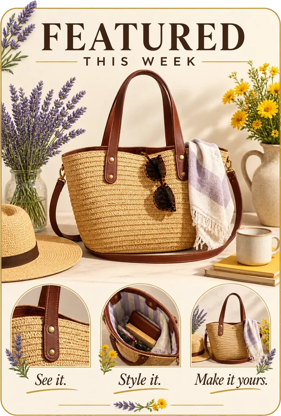 Featured-product one-sheet: featured, a straw tote with a scarf and sunglasses over three detail panels marked see it, style it and make it yours.