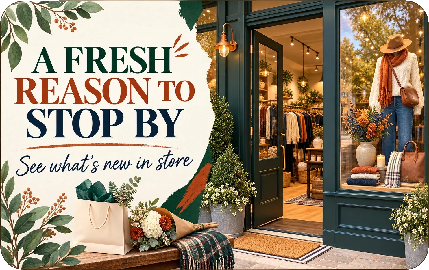 Reactivation postcard: a fresh reason to stop by, see what’s new in store, beside the shop’s open door and its dressed window.