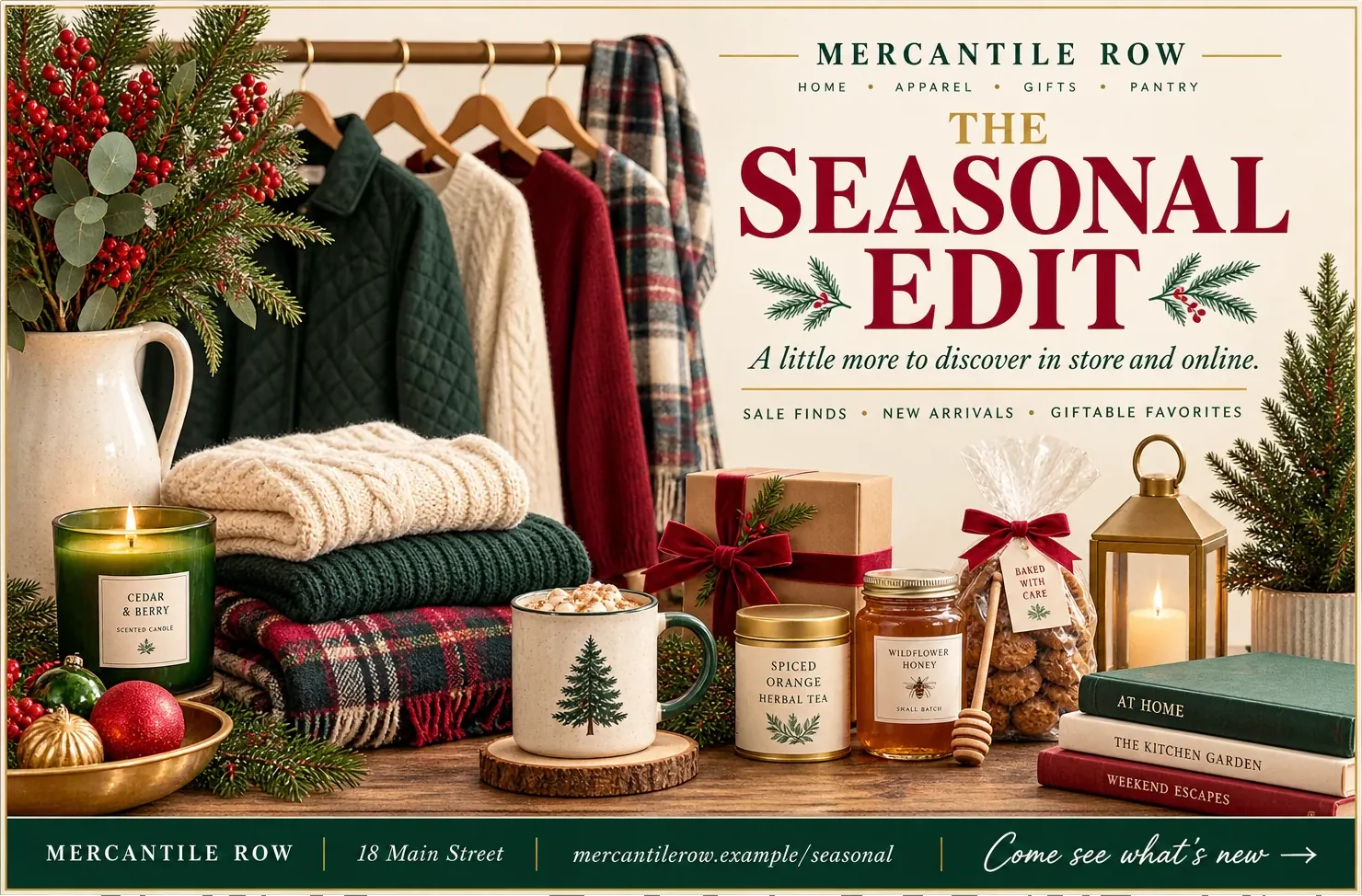 Seasonal postcard: the seasonal edit, a little more to discover in store and online, with sale finds, new arrivals and giftable favorites named under the headline, the season’s stock laid out beneath it, and the store’s street address and web address across the foot beside come see what’s new.
