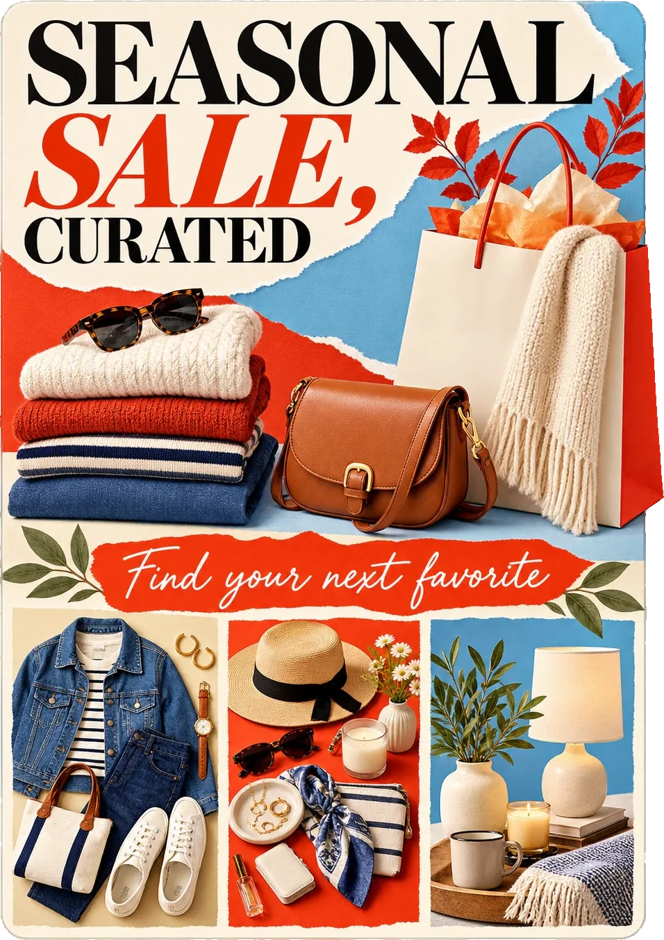Seasonal-sale self-mailer: seasonal sale, curated, find your next favorite, over a stack of knitwear, a bag and a shopping bag, with three panels of the range beneath it.