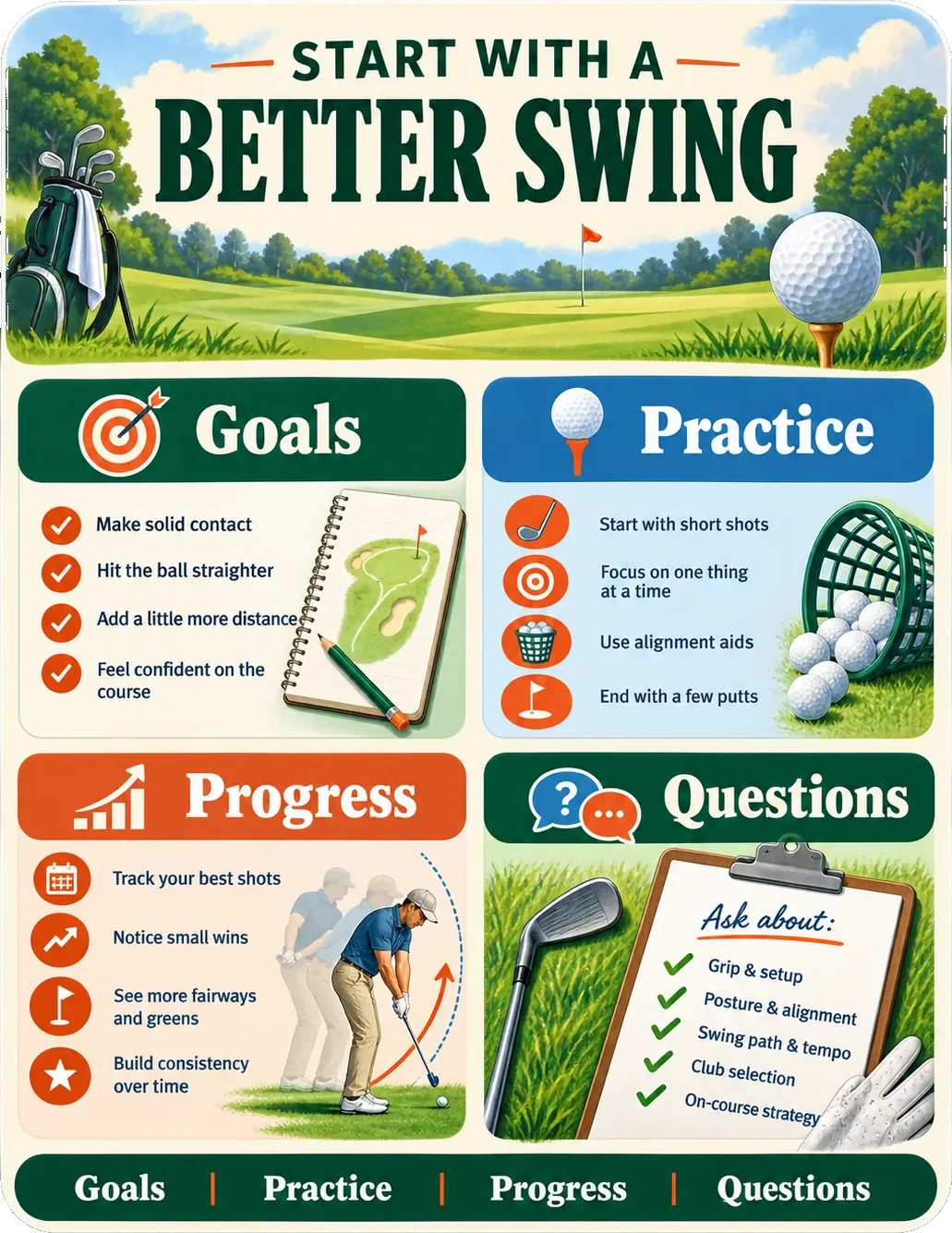 Lesson guide: start with a better swing, with goals, practice, progress and questions as four marked panels, each carrying four ticked lines of its own.