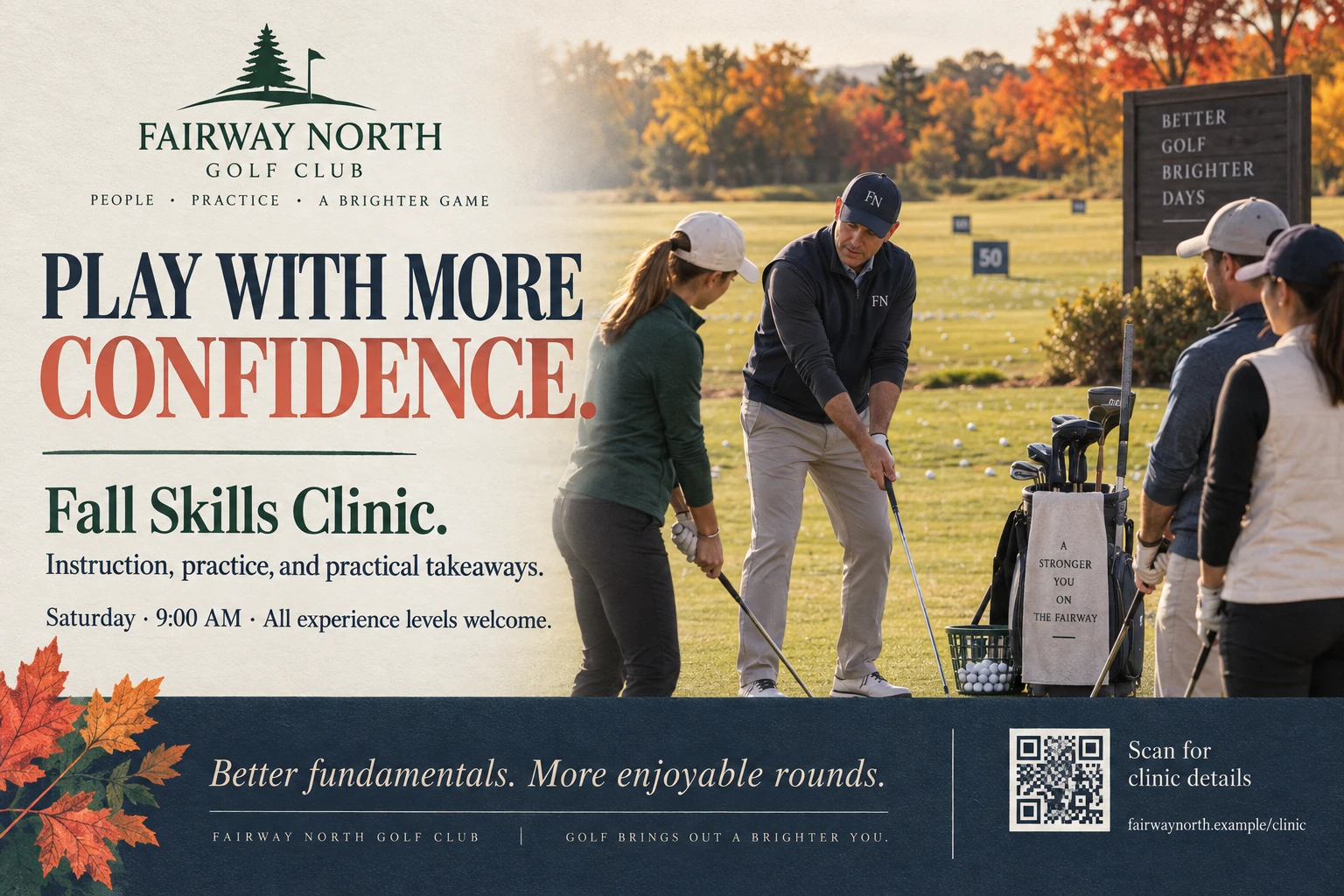 Clinic postcard: play with more confidence, a skills clinic described as instruction, practice and practical takeaways, with the day, the hour and all experience levels marked as three fields beneath it, better fundamentals and more enjoyable rounds, and reserve a clinic spot beside the club’s own clinic address.
