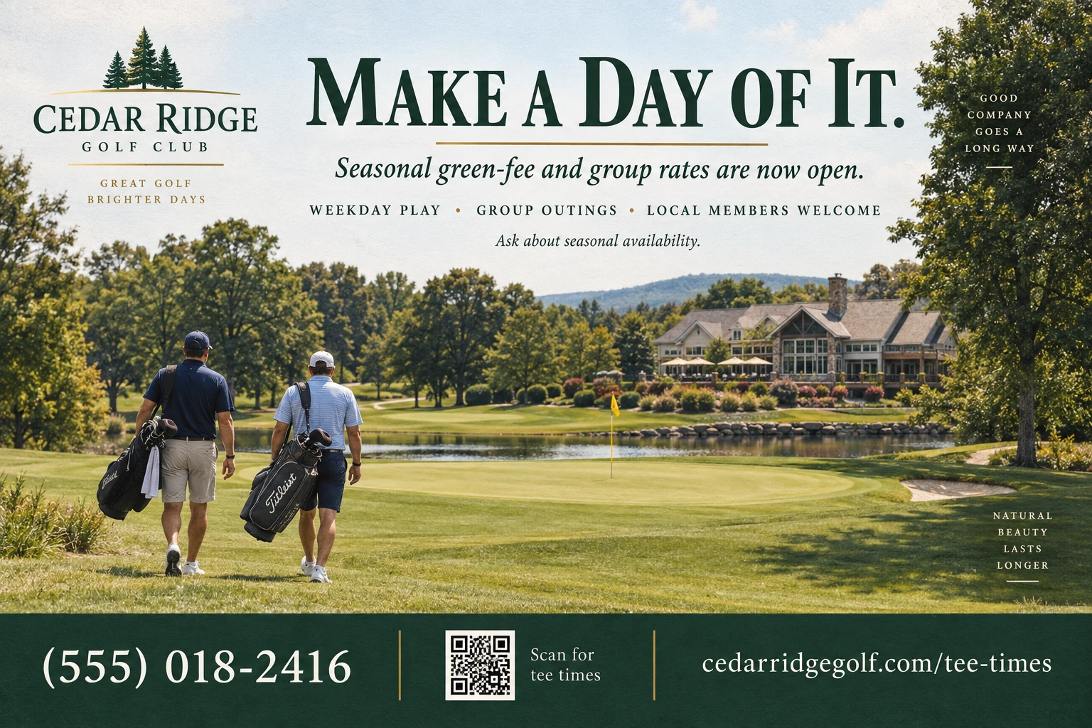 Green-fee offer postcard: make a day of it, seasonal green-fee and group rates are now open, under the club’s own lockup, with weekday play, group outings and local members welcome marked along the foot beside the club’s web address, phone number and reserve your tee time.