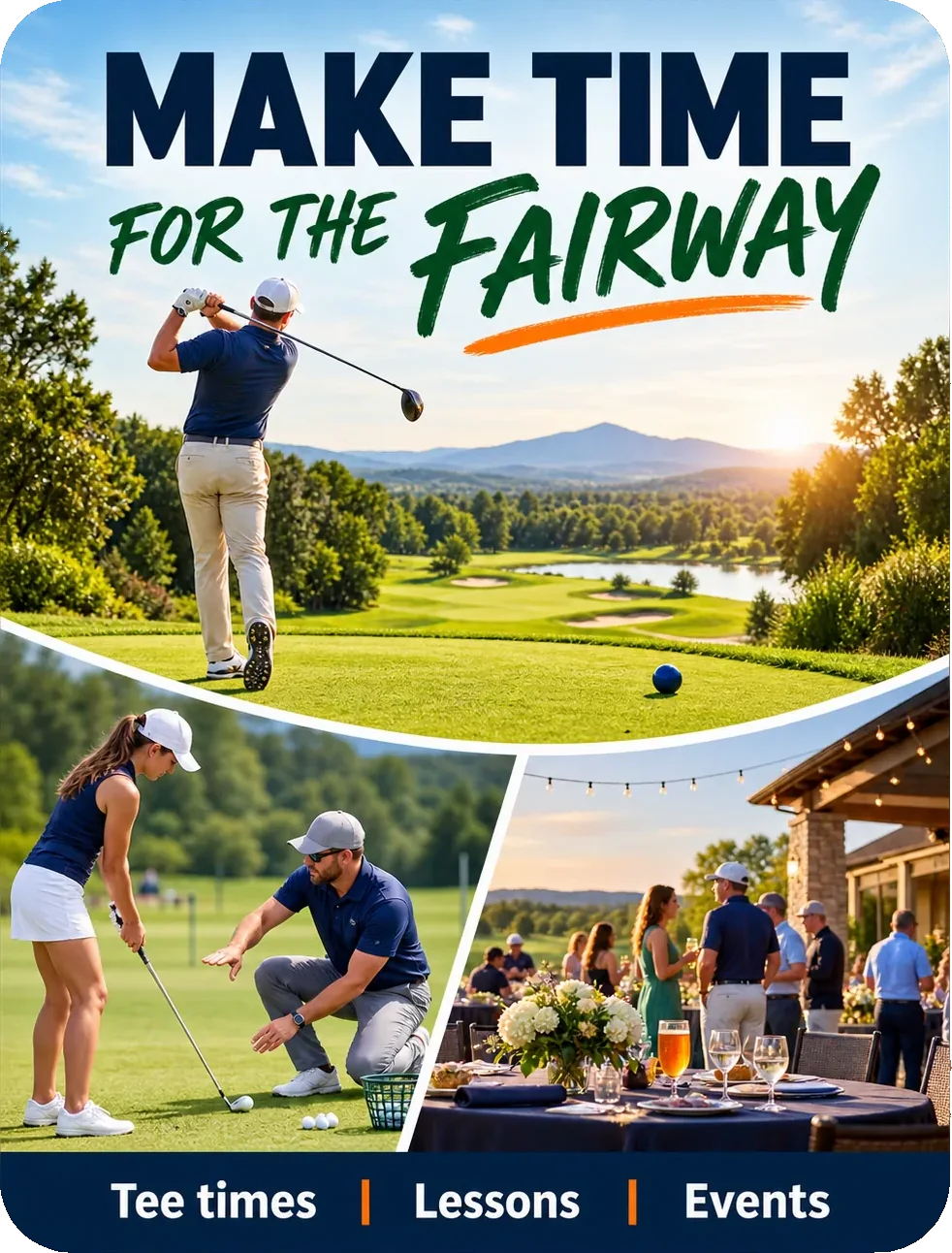 Tee-time carousel: make time for the fairway, a drive off the tee above, a lesson on the range and a table laid on the clubhouse terrace beneath it, with tee times, lessons and events named across the foot.