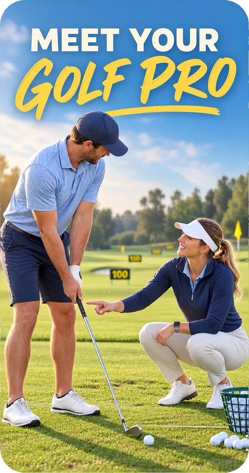 Professional’s profile Reel: meet your golf pro, an instructor crouched beside a player on the range, pointing at the ball.