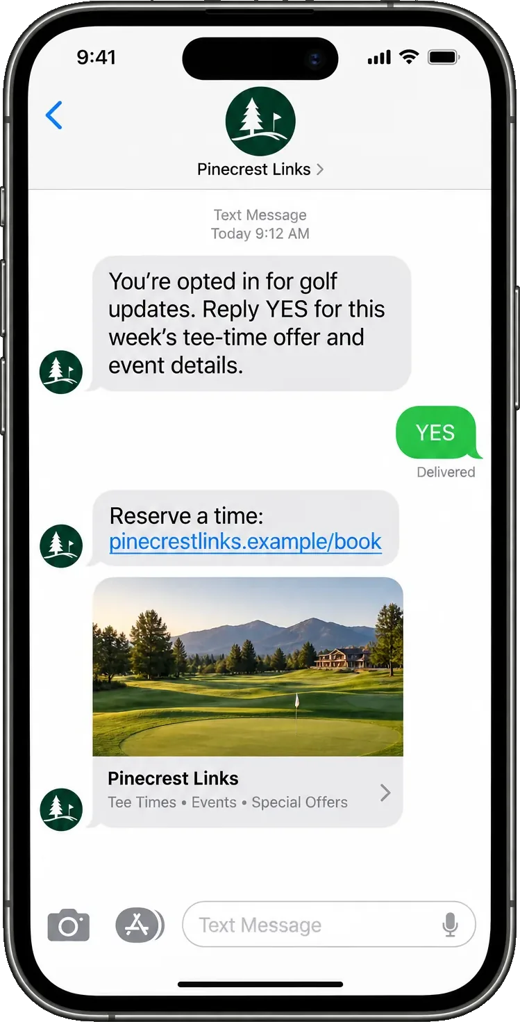 Promotion thread: you’re opted in for golf updates, reply YES for the tee-time offer and event details, then reserve a time and the club’s own booking link over a card showing the course with tee times, events and special offers named under it.