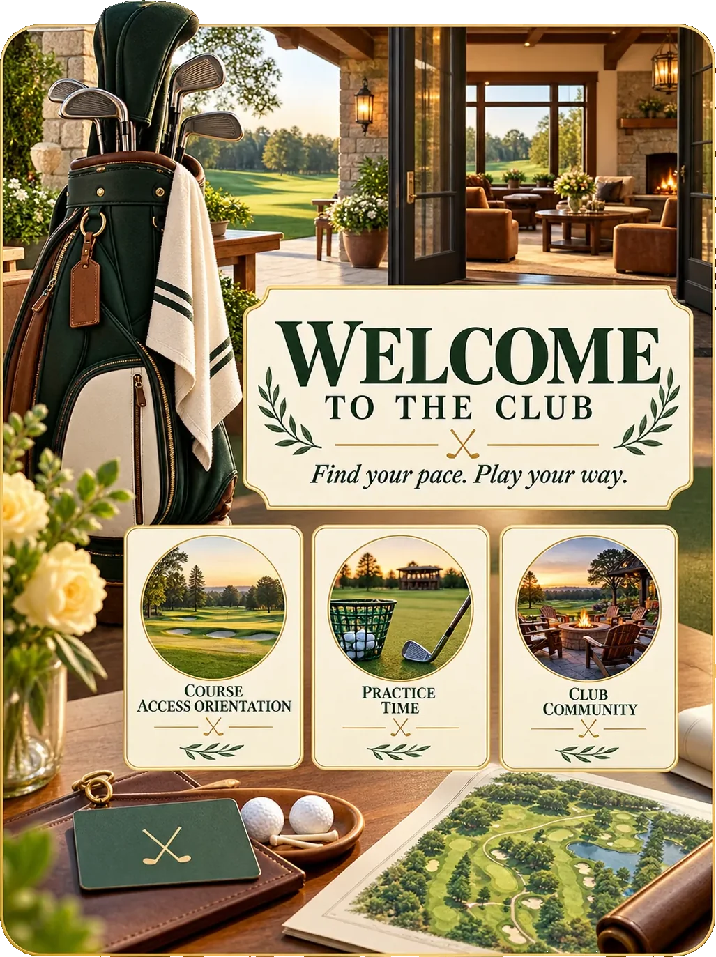 Membership welcome sheet: welcome to the club, find your pace, play your way, with course access orientation, practice time and club community as three marked panels over a course plan and a bag at the door.