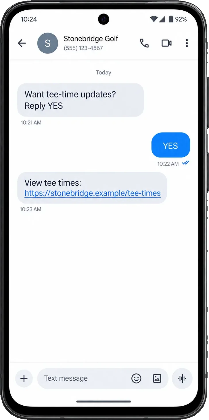 Tee-time thread: want tee-time updates, reply YES, then view tee times and the course’s own tee-time link.