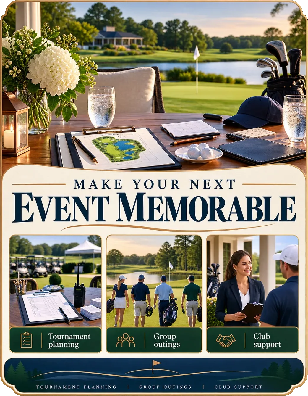 Tournament partner one-sheet: make your next outing memorable, a planning table laid out above, with tournament planning, group outings and club support as three marked panels beneath it.