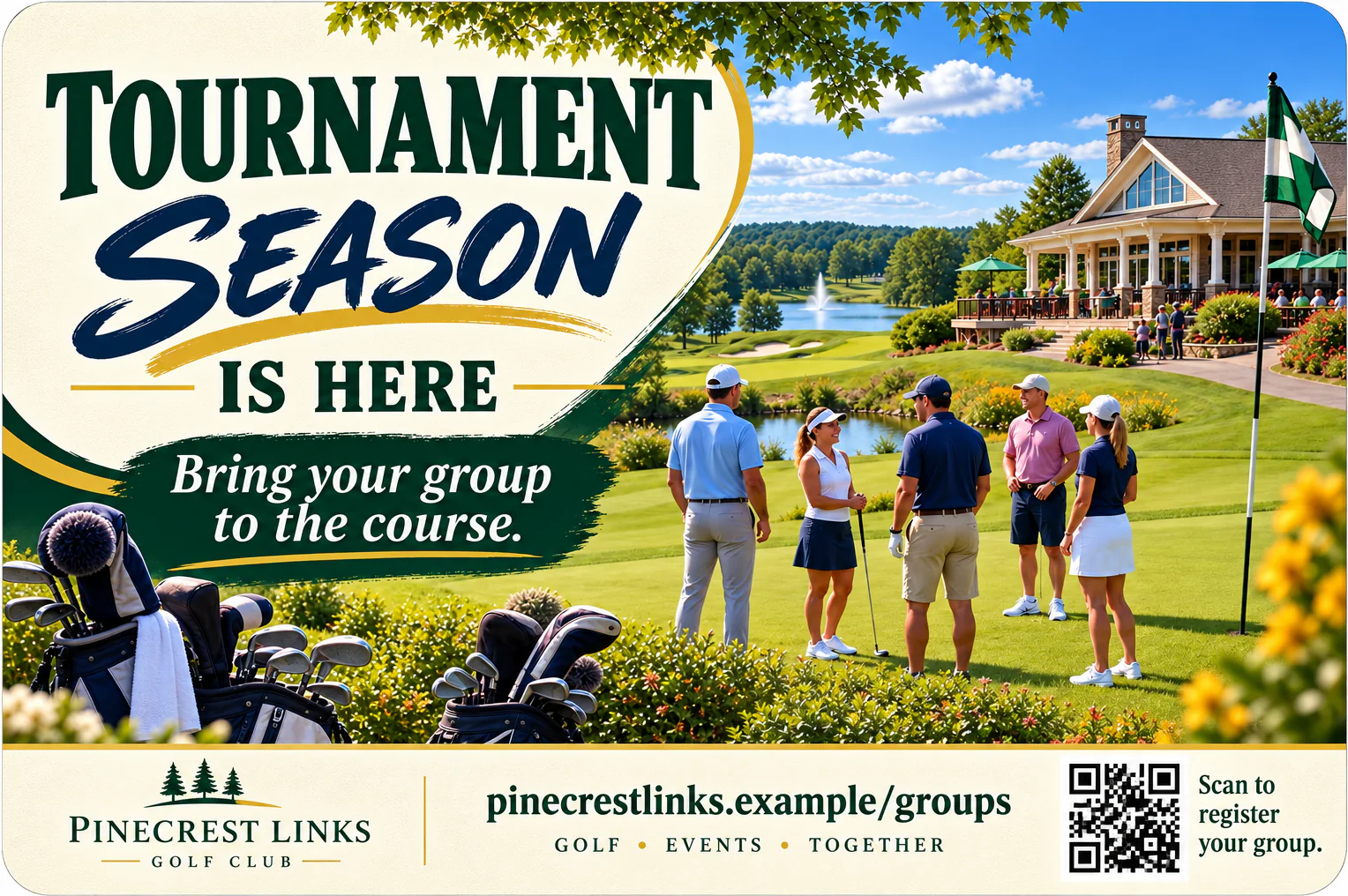Tournament registration postcard: bring your group to the course, its headline over the clubhouse and a group standing on the green, with a scorecard and pencil laid out beside them.