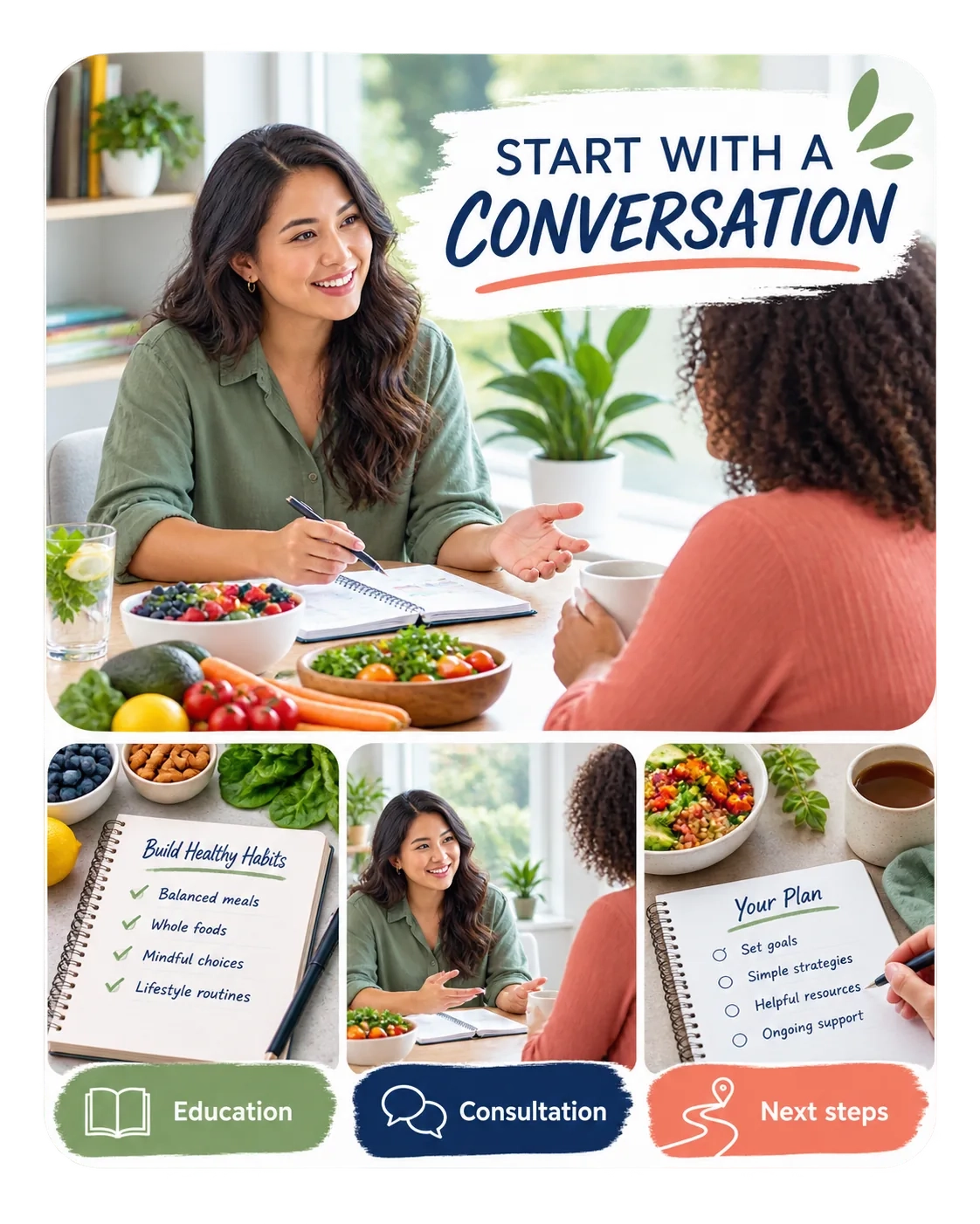 Consultation carousel: start with a conversation; the nutritionist and a client at the table with a notebook; education, consultation, next steps; build healthy habits, your plan.