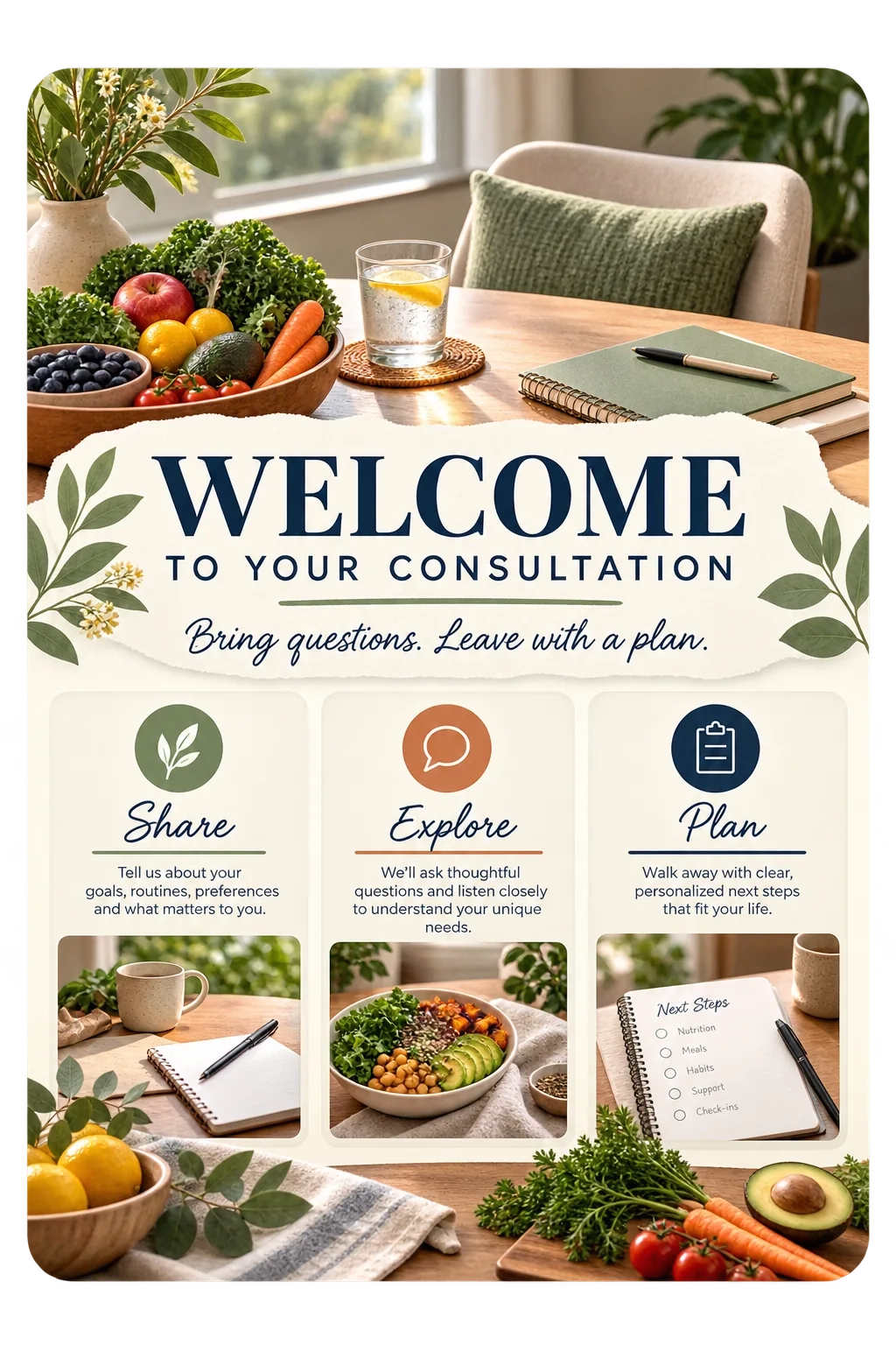 Consultation welcome sheet: welcome to your consultation, bring questions, leave with a plan; share, explore, plan; the table set with a notebook and a glass of water.