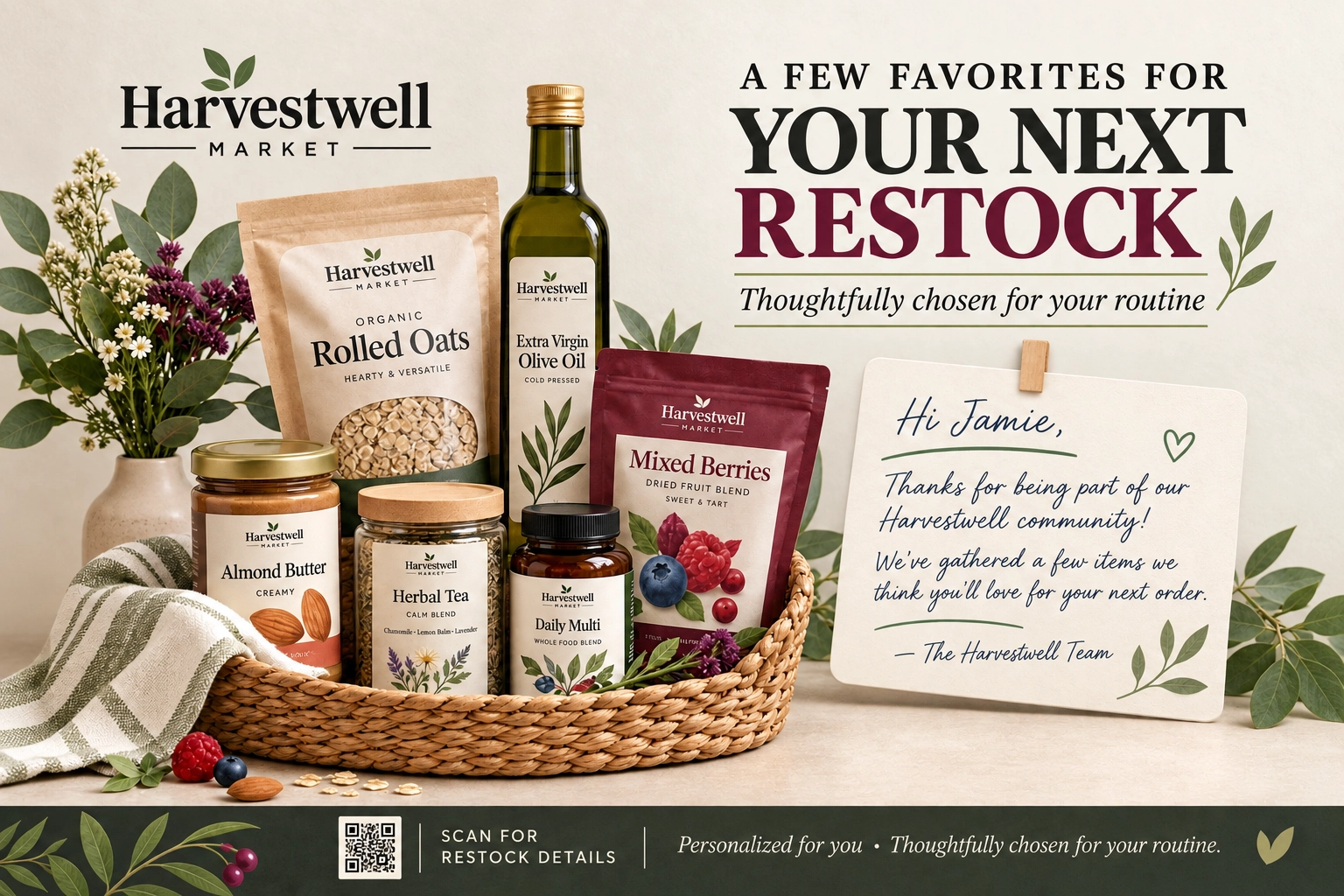 Personalized reengagement postcard, addressed by first name: a few favorites for your next restock, thoughtfully chosen for your routine; a basket of the brand’s own products; a handwritten note from the team; explore your restock, and the restock page’s address.
