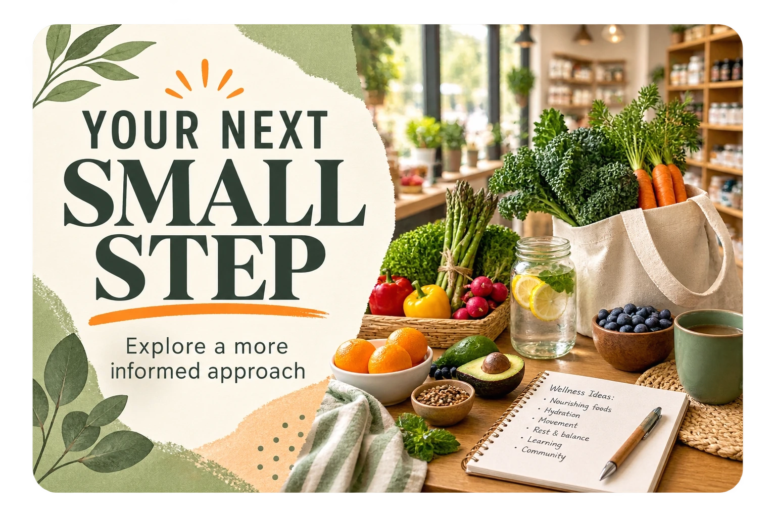 Wellness check-in postcard: your next small step, explore a more informed approach; a market counter of produce, a tote and a notebook of wellness ideas.