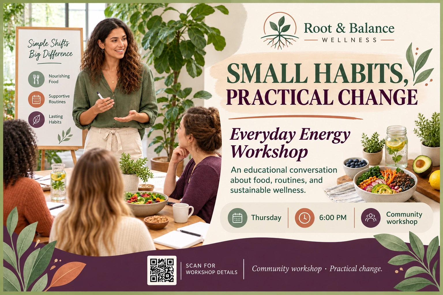 Workshop postcard: small habits, practical change; the Everyday Energy Workshop, an educational conversation about food, routines and sustainable wellness; the room with its whiteboard; learn more and reserve a seat, and the workshop page’s address.