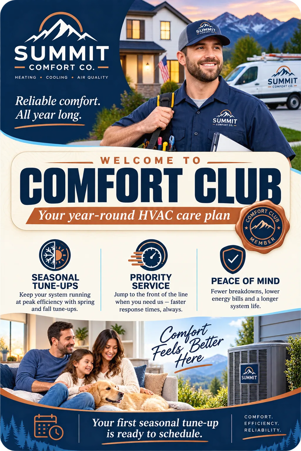 Comfort-club welcome mailer: welcome to the comfort club, a year-round HVAC care plan; seasonal tune-ups, priority service, peace of mind; the technician at the van and the household on the sofa; the first seasonal tune-up is ready to schedule.