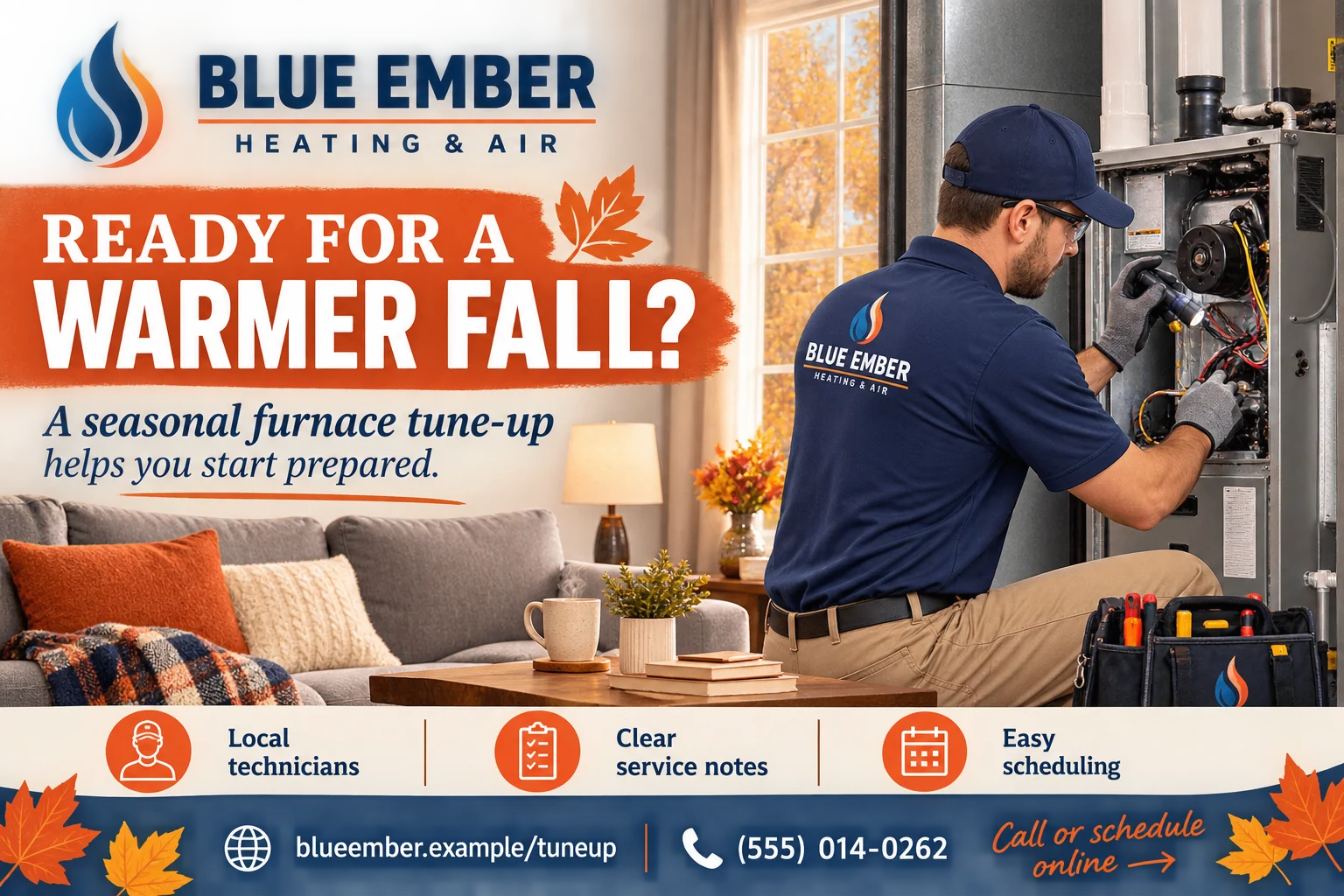 Fall furnace tune-up postcard: ready for a warmer fall; a seasonal furnace tune-up helps you start prepared; local technicians, clear service notes, easy scheduling; the technician at the open furnace; call or schedule online.