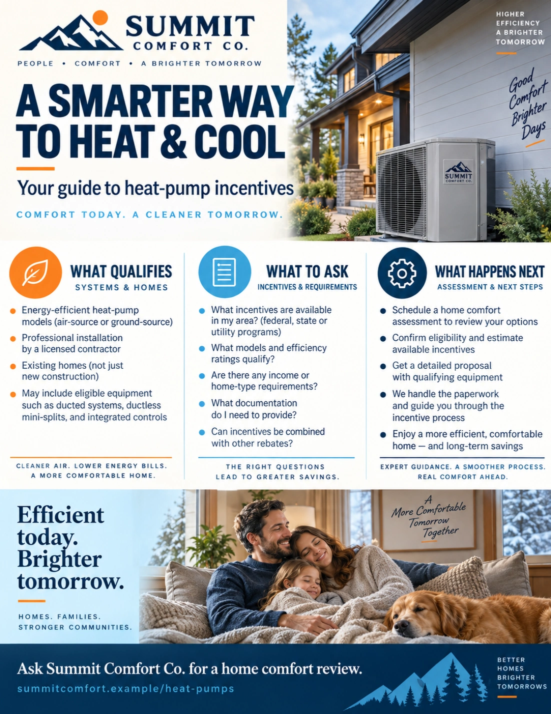 Heat-pump incentive guide: a smarter way to heat and cool, a guide to heat-pump incentives; what qualifies, what to ask, what happens next; the outdoor heat pump beside the house; ask the company for a home comfort review.