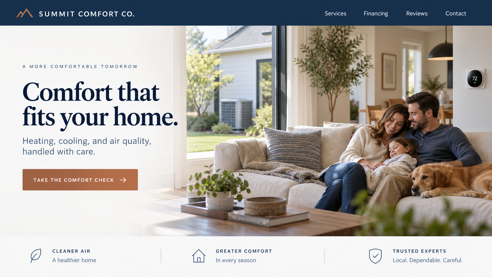 Comfort-quiz page: what does your home need — cooler, quieter or more efficient; the household on the sofa beneath the thermostat; take the comfort check. Where the lead campaign sends people.