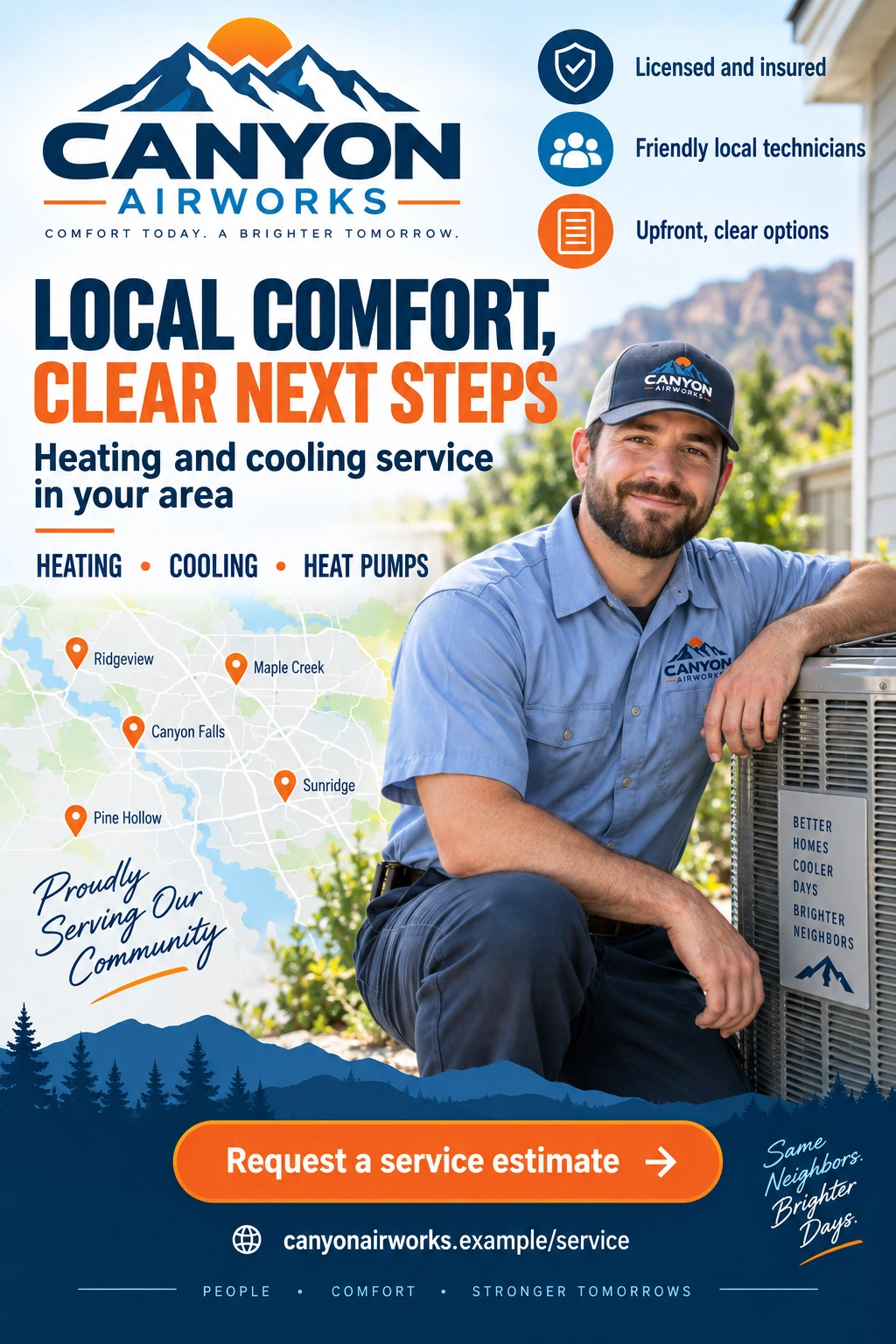 Lead ad: local comfort, clear next steps; heating and cooling service in your area; heating, cooling and heat pumps; licensed and insured, friendly local technicians, upfront clear options; the service-area map with its pins; request a service estimate.