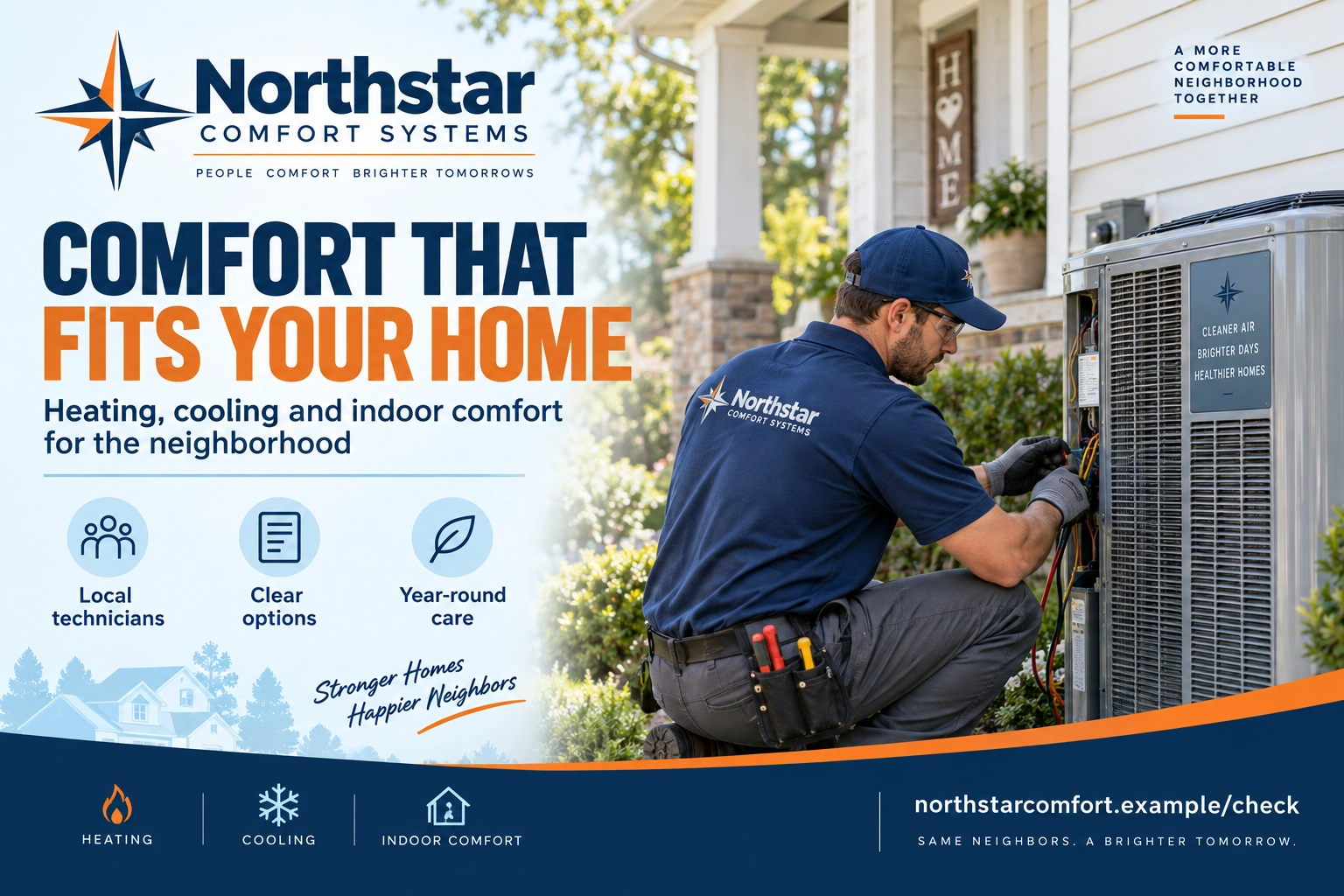 Property-acquisition postcard: comfort that fits your home; local HVAC help for homes in the neighborhood; heating, cooling, indoor comfort; the technician at the outdoor unit beside the porch; request a home comfort check; the company’s own web address.