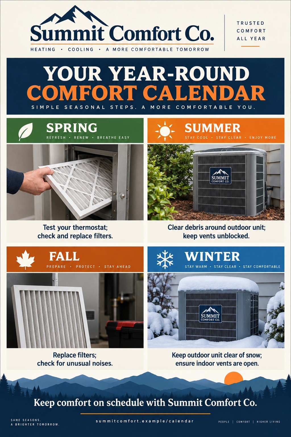 Seasonal comfort calendar: your year-round comfort calendar, simple checks for every season; spring, summer, fall and winter, each with its own two checks; the outdoor unit and the filter at the foot.