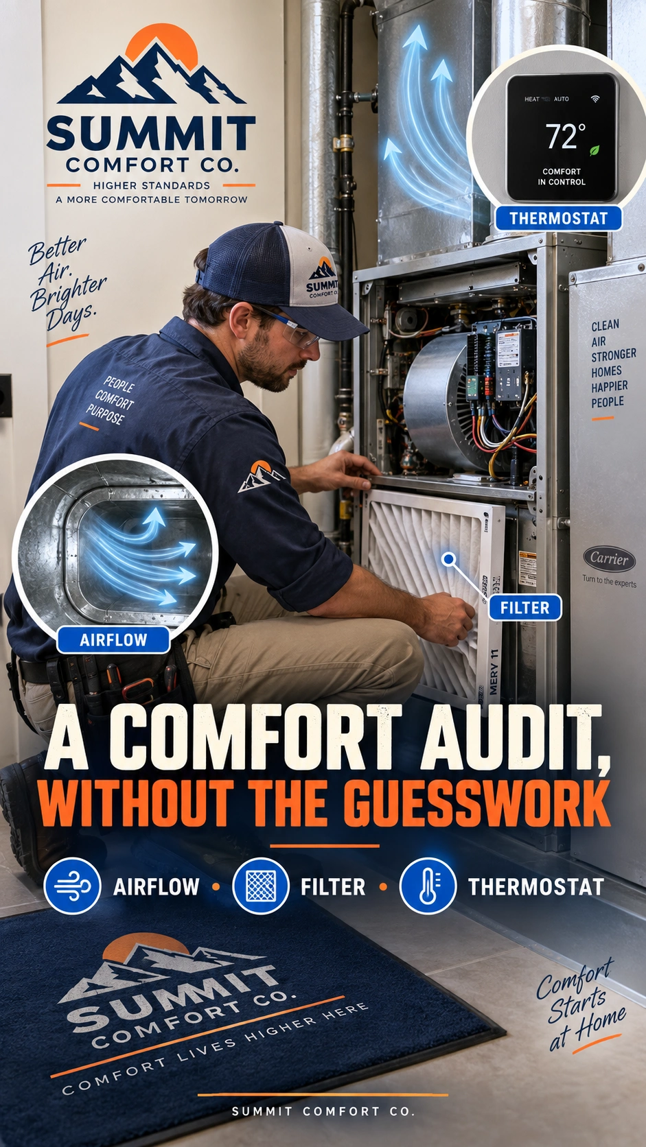 Comfort-audit Reel cover: a comfort audit, without the guesswork; the technician at the open system with airflow, filter and thermostat called out; the company’s name at the foot.