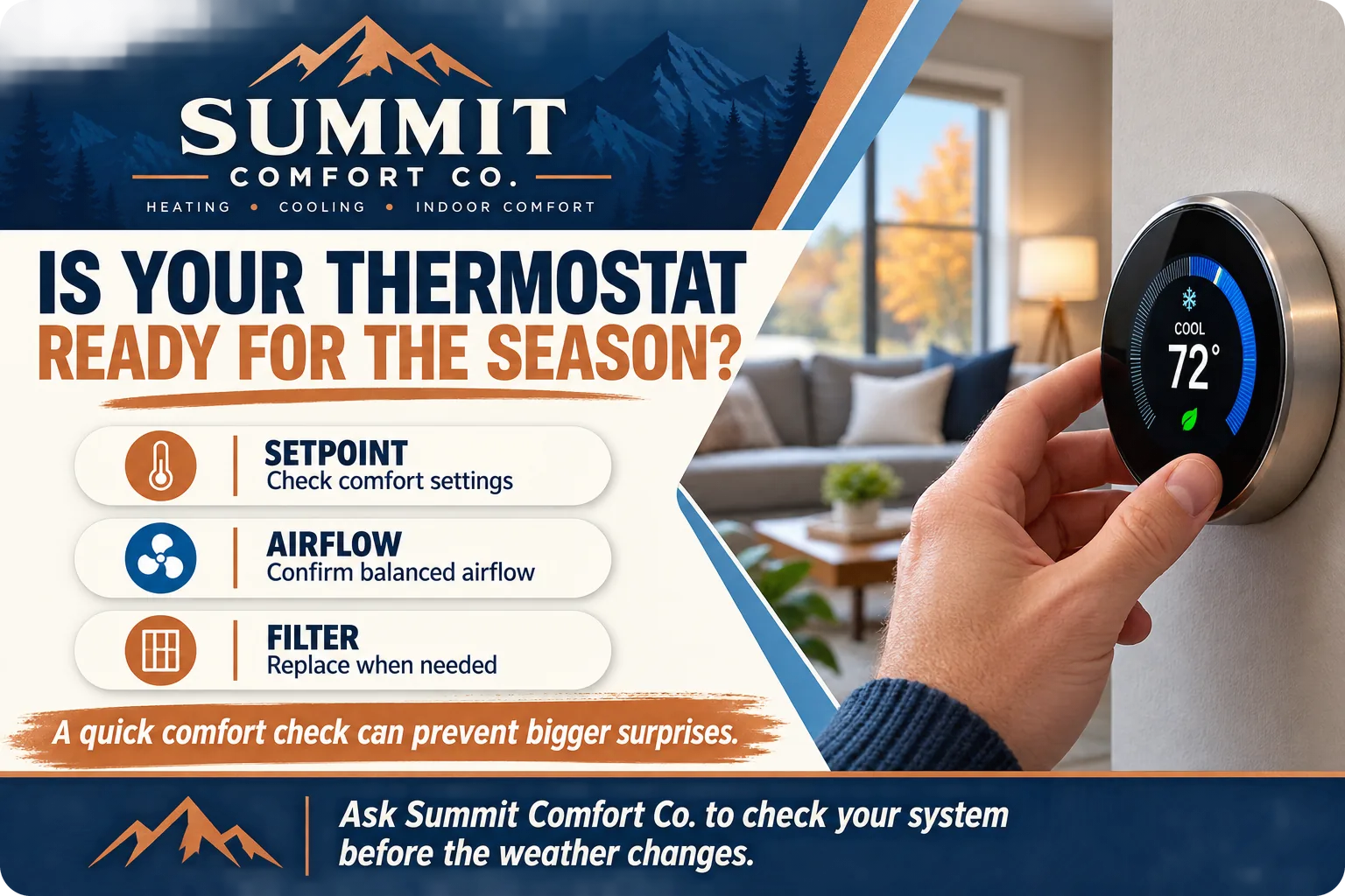 Thermostat season-check postcard: is your thermostat ready for the season; setpoint, airflow, filter — check comfort settings, confirm balanced airflow, replace when needed; the hand at the wall thermostat; ask the company to check the system before the weather changes.