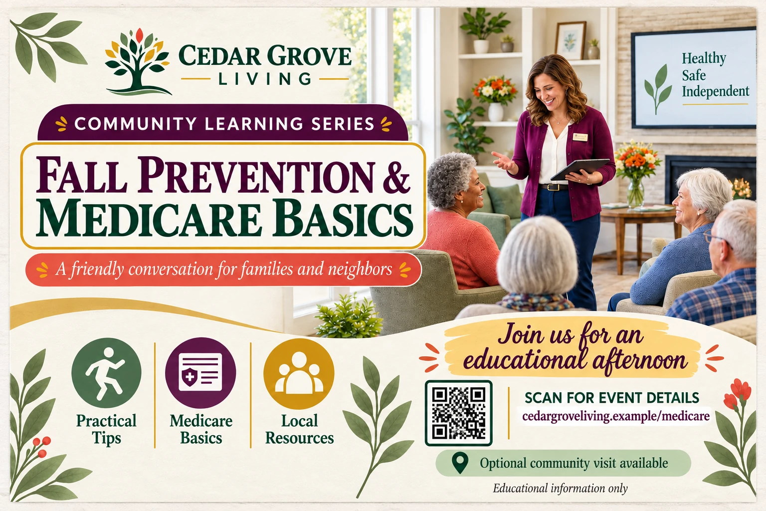 Community learning series postcard: fall prevention and Medicare basics, a friendly conversation for families and neighbors; practical tips, Medicare basics, local resources; join us for an educational afternoon; the day and the hour printed on the card; reserve your seat, an optional community visit available.