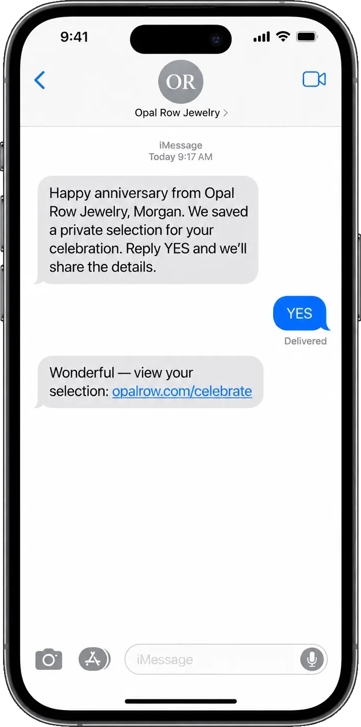 Anniversary thread, addressed by first name: happy anniversary from the store, a private selection saved for the celebration, reply YES and we’ll share the details, then the store’s own link.
