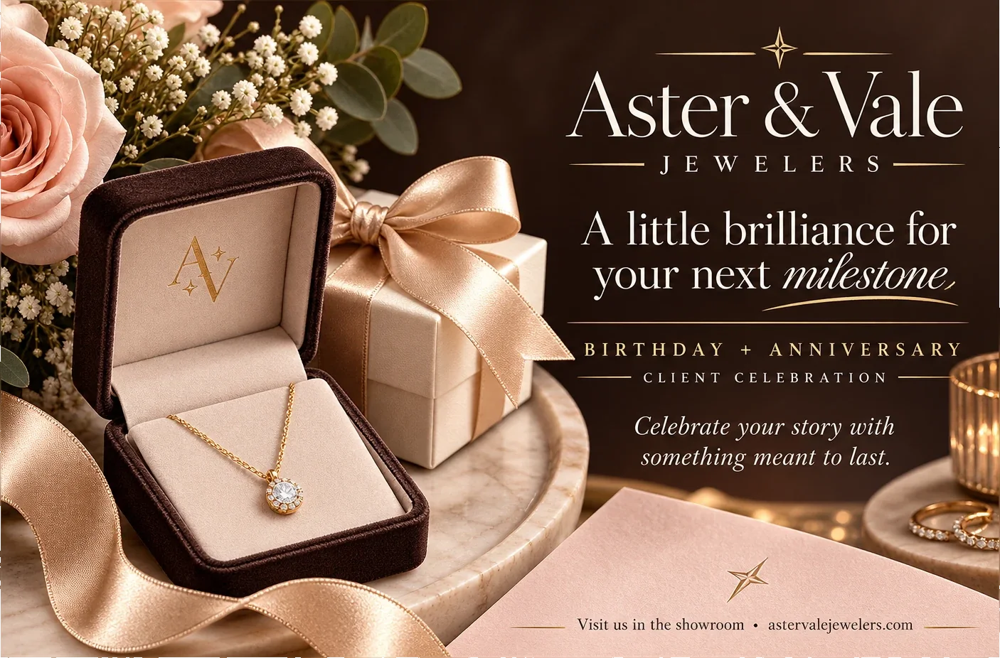 Birthday and anniversary mailer: a little brilliance for your next milestone, a birthday and anniversary client celebration, celebrate your story with something meant to last, over an open ring box and a wrapped gift, with the store’s own lockup and web address.