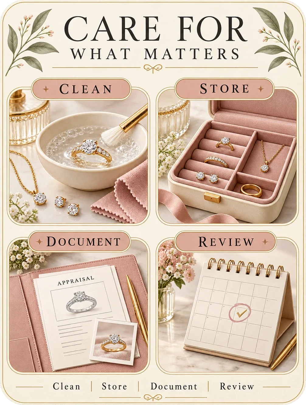 Care guide: care for what matters, with clean, store, document and review as four marked panels — a ring in a dish with a brush, a lined case, an appraisal folder and a marked desk calendar.