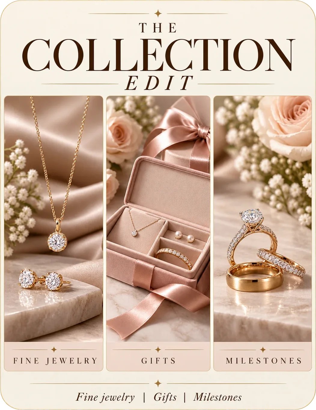 Collection lookbook: the collection edit, three panels of the range — a pendant and studs, a gift box of pieces, and a solitaire beside two bands — with fine jewelry, gifts and milestones named beneath them.