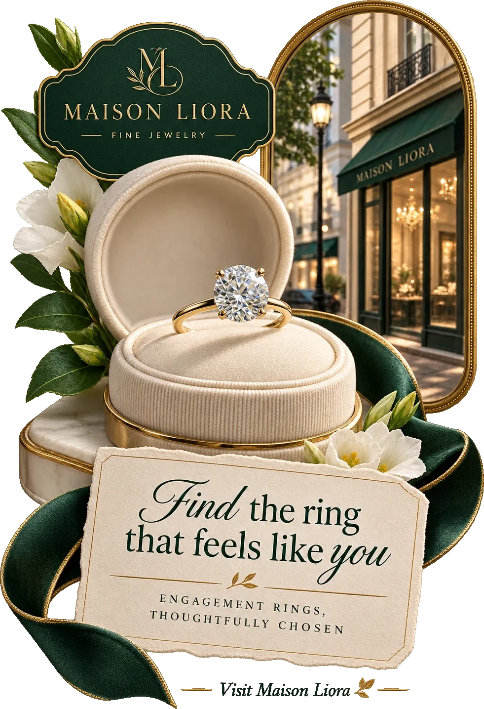 Engagement feed unit: find the ring that feels like you, engagement rings thoughtfully chosen, over a solitaire in an open box with the store’s own window behind it and its lockup above.