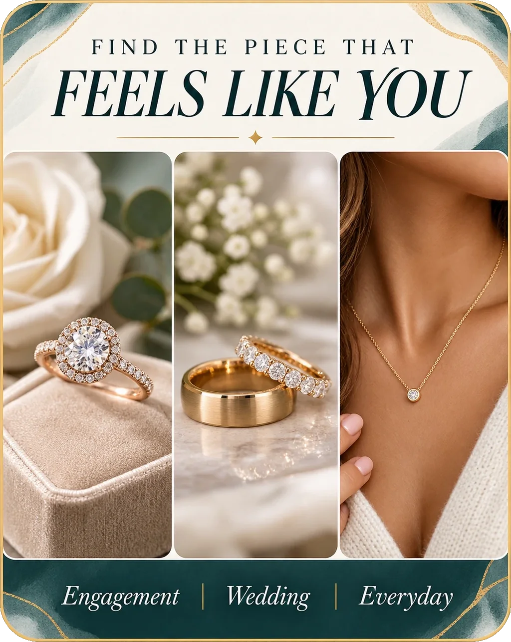 Engagement and wedding carousel: find the piece that feels like you, three panels of the range — a halo ring, a pair of bands and a pendant — with engagement, wedding and everyday named across the foot.