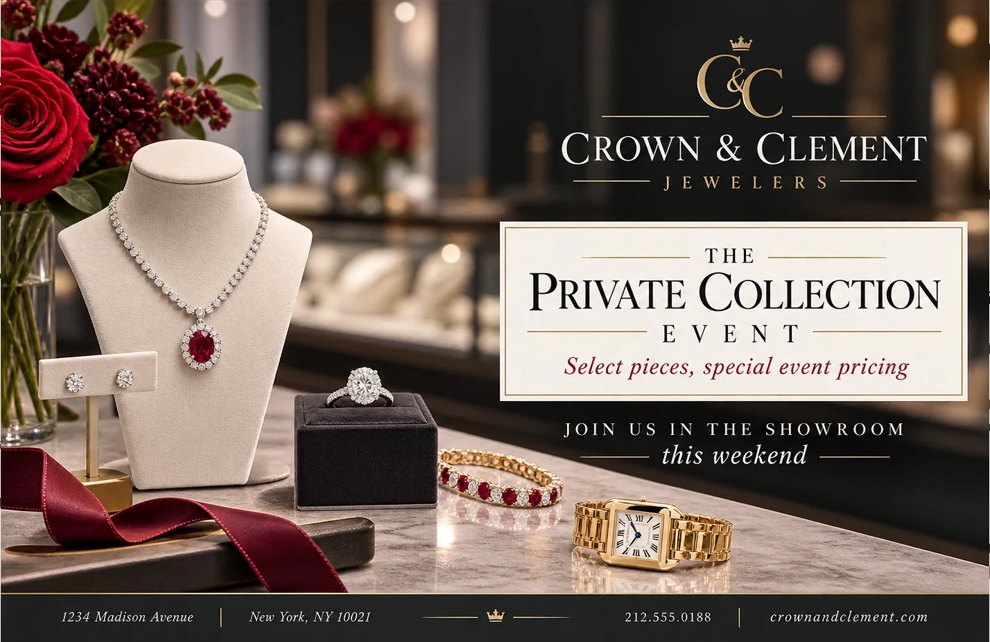 Sale-event postcard: the private collection event, select pieces, special event pricing, join us in the showroom, over a necklace on a stand with a ring, a bracelet and a watch laid out beside it, and the store’s street address, phone number and web address across the foot.