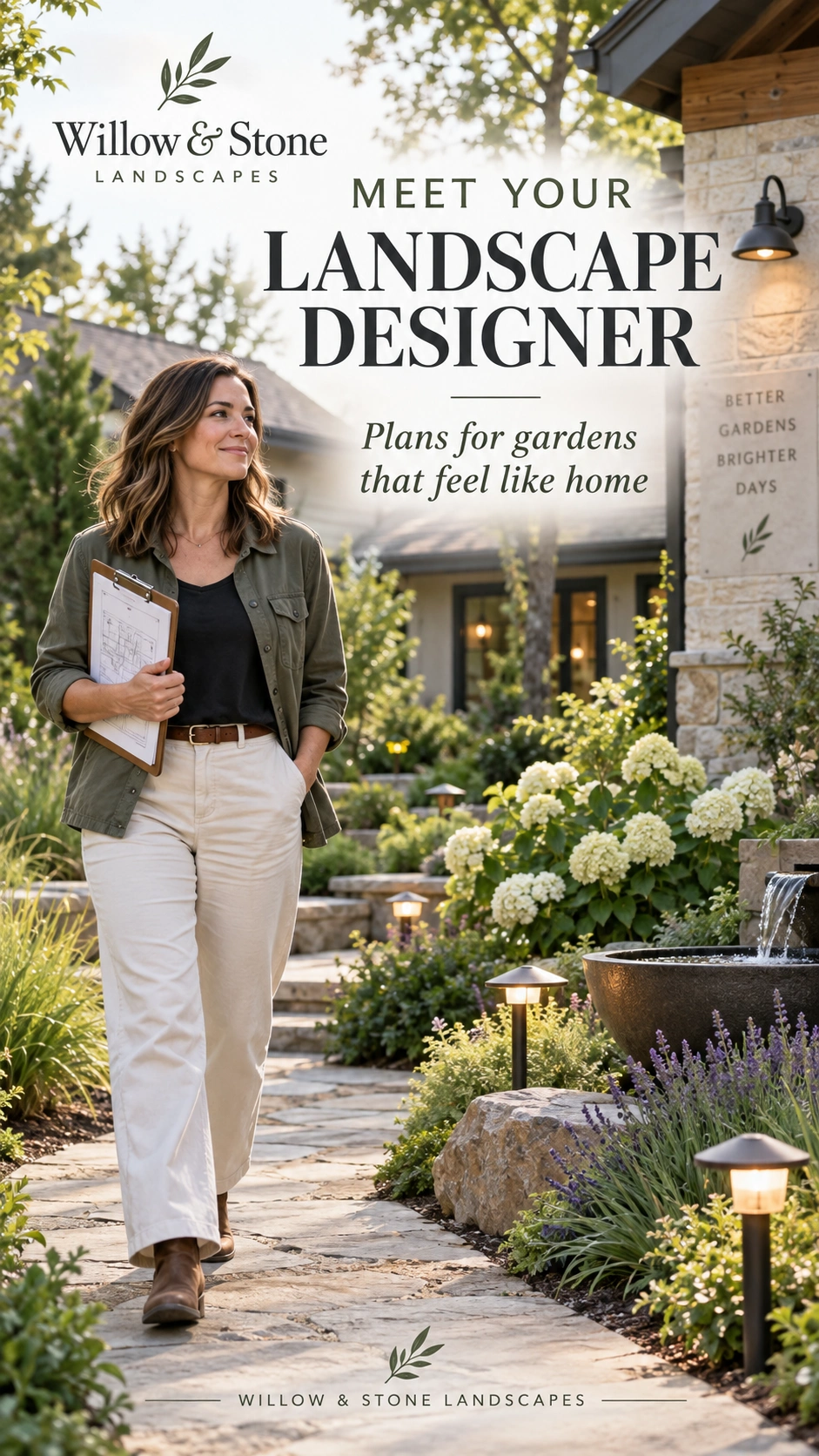 Designer-profile Reel cover: meet your landscape designer; the designer walking the patio with the planting drawing on her clipboard.