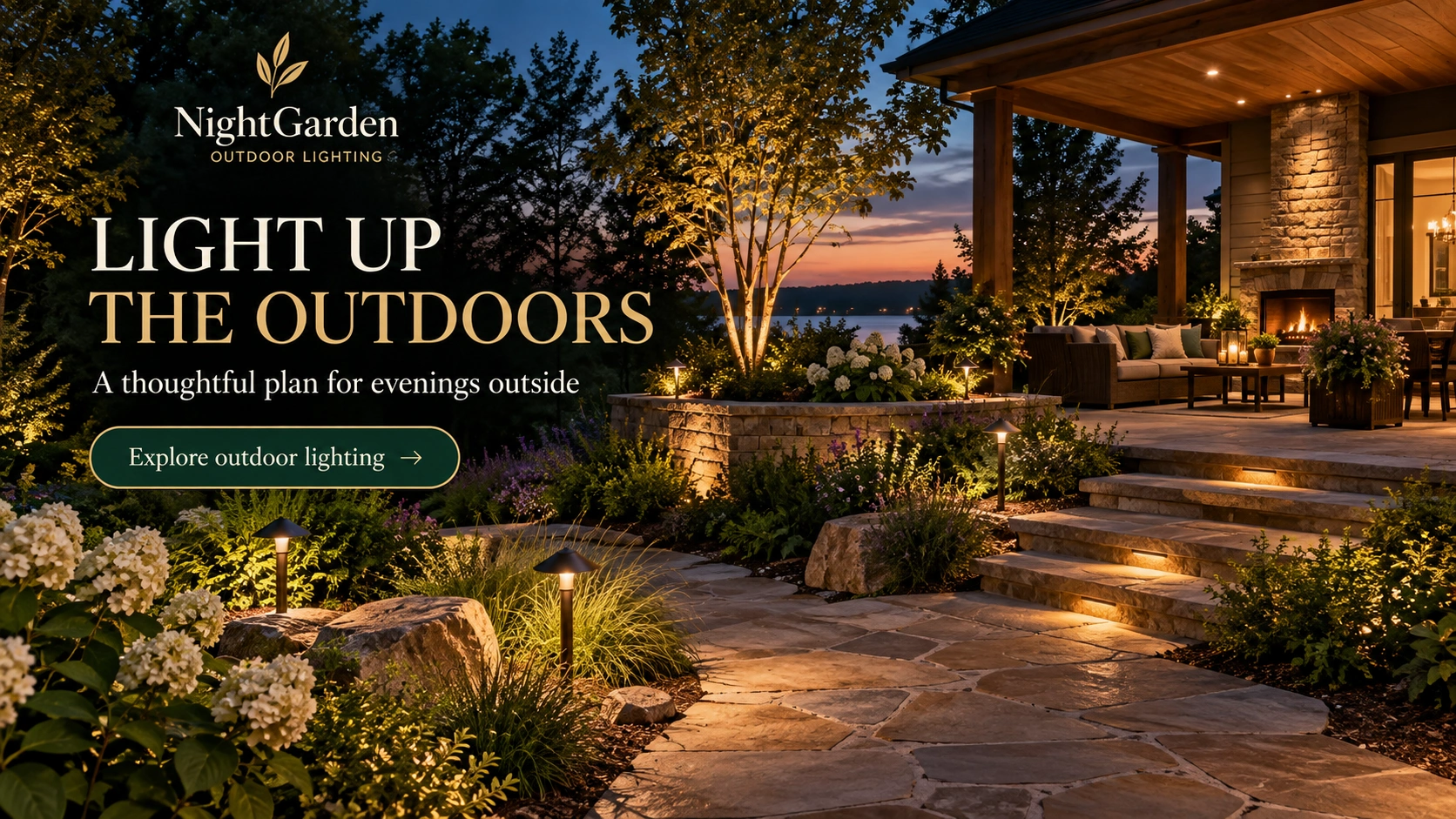 Consultation page: light up the outdoors; a thoughtful plan for evenings outside; the lit path, the planting beds and the patio at dusk. Where the ad sends a homeowner, and where the form sits.