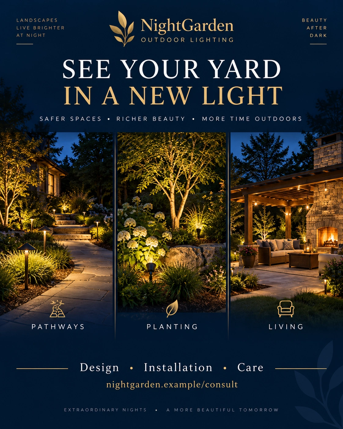 Lighting carousel: see your yard in a new light; lighting, planting, living; the lit path, the uplit tree in the planting bed, and the covered patio with its fire pit at dusk.