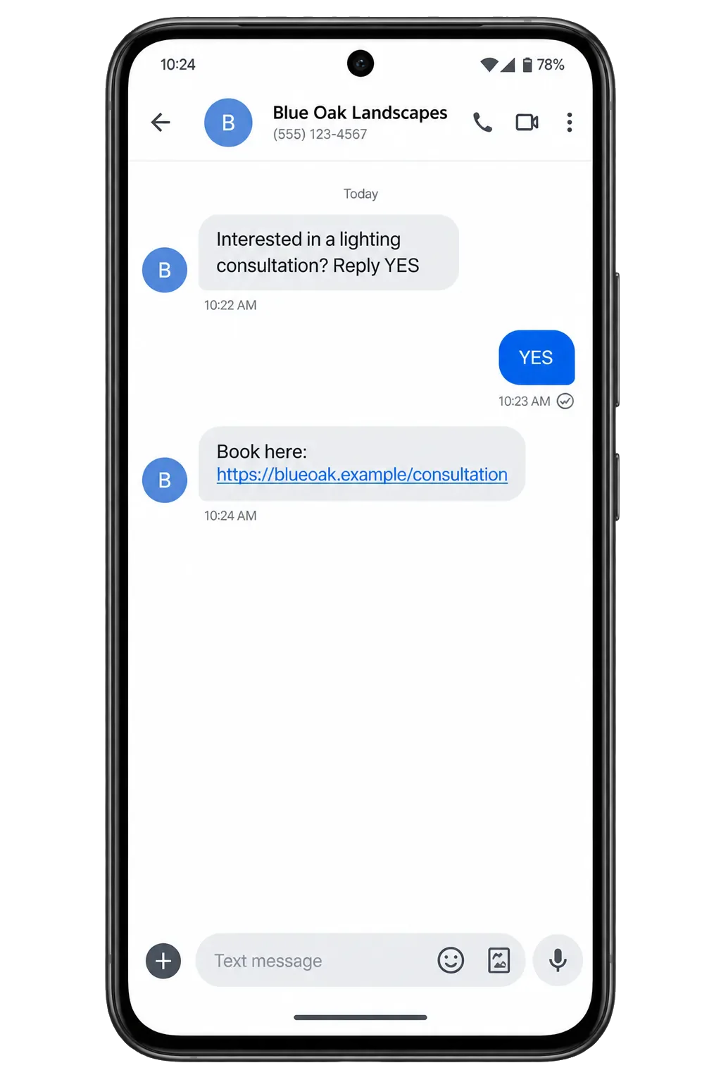 Android thread: interested in a lighting consultation? Reply YES; the YES; then the consultation link, and no further message.